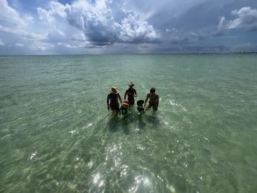 A joyful family enjoys a day at the beach, wading in the clear waters under a beautiful sky — perfect for creating lasting memories together.