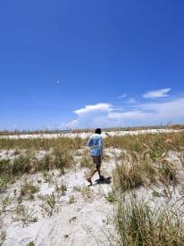 A person strolls along a sandy beach surrounded by tall grass under a clear blue sky, capturing the essence of a serene coastal escape.