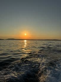 A serene sunset view over calm waters, capturing the beauty of nature as the sun sets on the horizon — perfect for peaceful evening boat rides.