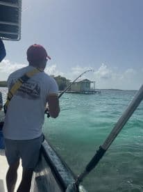 A fisherman casts his line while enjoying a day on the water, showcasing the thrill of fishing in a beautiful aquatic setting.