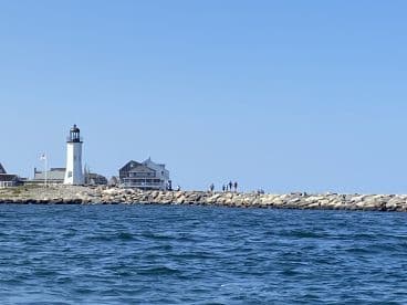 A scenic view of a lighthouse and coastal houses, with people enjoying the shoreline — a perfect representation of a relaxing day by the water.