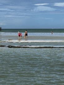 A family enjoys a day at the beach, wading through shallow waters and creating lasting memories during their sandbar adventure.