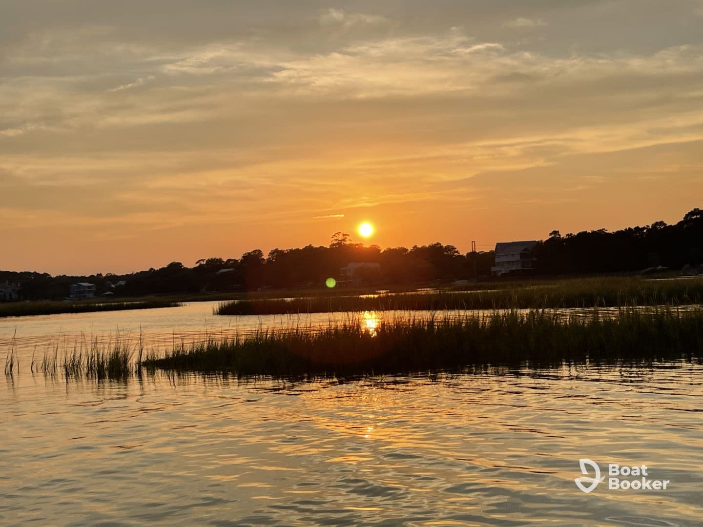 A stunning sunset over tranquil waters, showcasing the beauty of the coastline and perfect for capturing serene moments on a boating trip.