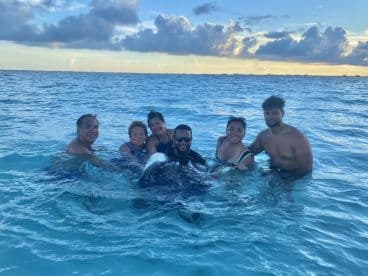 A joyful group interacts with a dolphin in the crystal-clear waters, showcasing an unforgettable wildlife experience in a tropical paradise.