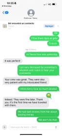 A text conversation discussing a recent boating experience, highlighting crew performance and guest feedback.