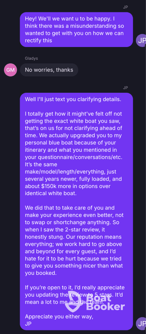 A text conversation discussing a boat upgrade and customer experience, highlighting the importance of reputation in the boating industry.