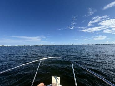 A scenic view from the bow of a boat cruising through calm waters, showcasing a clear blue sky and distant shoreline — perfect for a relaxing day on the water.