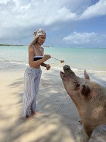 A woman interacts with a friendly pig on the beach, feeding it a treat — a delightful experience showcasing the unique wildlife encounters available in the Bahamas.