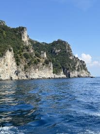 A stunning view of rocky cliffs and lush greenery along the coastline, showcasing the natural beauty of the area — perfect for scenic boat tours.