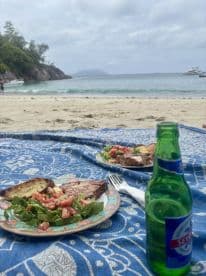 A picturesque beach picnic featuring delicious food and refreshing drinks, perfect for enjoying a day by the water.