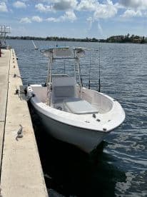 A sleek speedboat docked at the marina, showcasing its streamlined design against a picturesque waterfront backdrop.