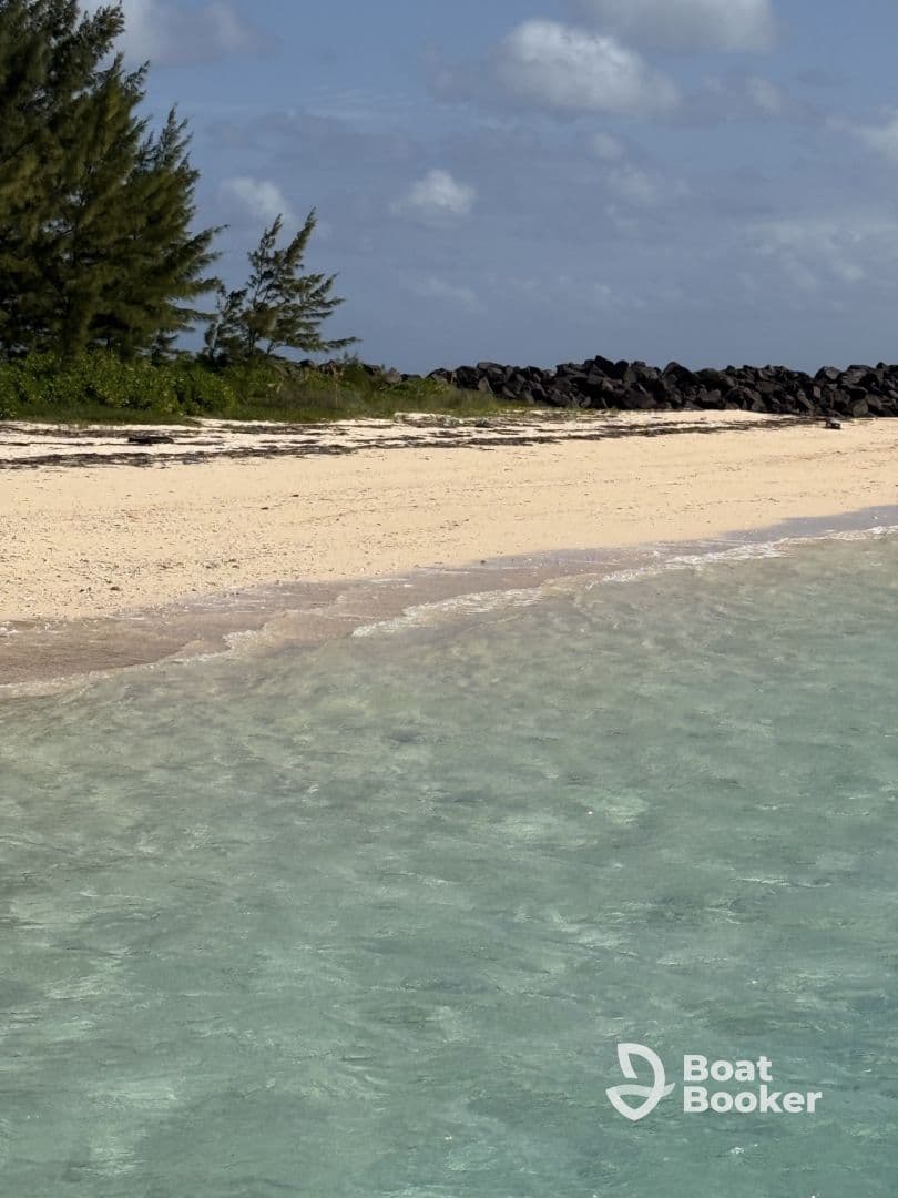 A scenic view of a beach with clear water and lush greenery, though the image lacks clarity and detail.