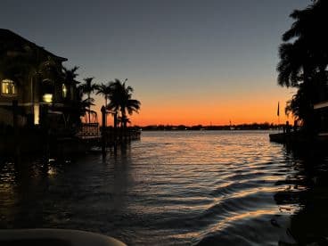 A stunning sunset over the water, framed by palm trees and a peaceful shoreline — perfect for capturing the beauty of evening boat rides.