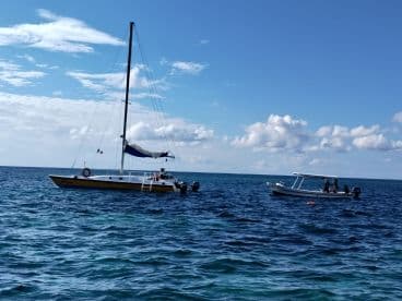 A vibrant sailboat and a motorboat navigate the beautiful ocean waters, showcasing the perfect day for boating adventures.