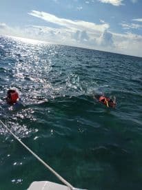 Two individuals, including a child, swim in the clear ocean waters, showcasing a fun snorkeling experience — perfect for family adventures on the water.