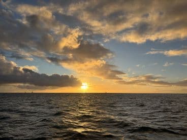 A stunning sunset over the ocean, with silhouettes of distant sailboats creating a picturesque scene — perfect for romantic evenings or serene sailing adventures.
