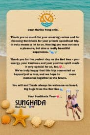 A heartfelt thank-you note from the SunGhada team, expressing gratitude for a private speedboat trip on the Red Sea, featuring a photo of happy guests. Perfect for showcasing memorable experiences on the water.