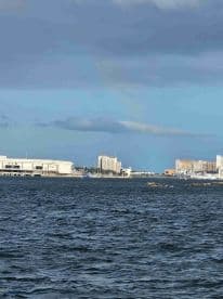 A distant view of a waterfront scene with buildings and water, lacking clarity and focus.