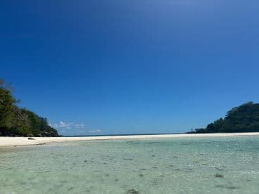 A stunning view of a serene beach with clear waters and lush greenery, perfect for a relaxing getaway or exploration of coastal beauty.