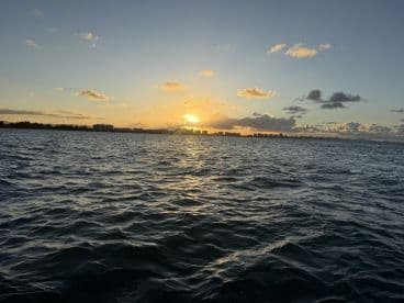 A serene sunset over the water, showcasing the beautiful coastline and creating a picturesque backdrop for evening boat trips.