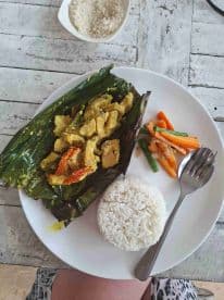 A beautifully presented plate of local cuisine featuring rice, vegetables, and a flavorful dish wrapped in banana leaves, perfect for enjoying onboard during a boat trip.