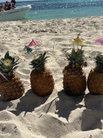 Colorful pineapples with umbrellas serve as tropical cocktails on the beach, perfect for a refreshing drink while enjoying the sun and sand.