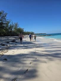 A group of friends strolls along a pristine beach, enjoying the sun and surf — a perfect day for relaxation and exploration in paradise.