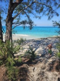 A man walks along a rocky beach with stunning turquoise waters in the background, capturing the essence of a tropical getaway.