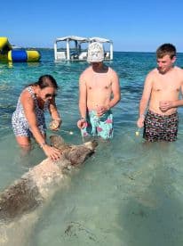 A woman and two boys interact with a friendly pig in shallow waters, feeding it treats — a memorable wildlife experience in the Bahamas.