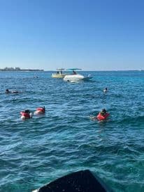 A lively group enjoys snorkeling in crystal-clear waters, with boats nearby providing the perfect backdrop for a fun aquatic adventure.