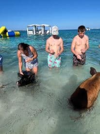 A group of people interacts with swimming pigs in shallow waters, creating a memorable wildlife experience in the Bahamas.