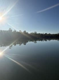 A scenic view of a calm water surface reflecting the sun and surrounding trees, creating a tranquil atmosphere.