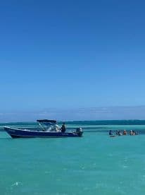 A lively group enjoys a day in the turquoise waters, with a boat nearby, perfect for swimming and fun in the sun.