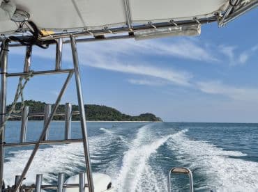 A scenic view from the boat, showcasing the wake and a distant island under a clear blue sky — perfect for highlighting the beauty of a day on the water.