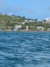 A picturesque view of a vibrant coastline with lush greenery and colorful buildings, showcasing the beauty of the area from the water.
