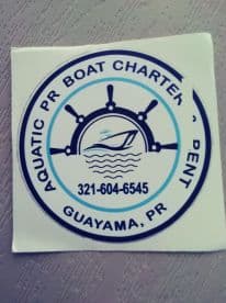 A sticker for Aquatic PR Boat Charter featuring contact information and location in Guayama, PR. Ideal for boat rental inquiries.