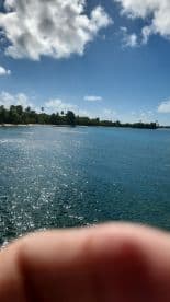 A partially obscured view of a scenic waterfront with palm trees and clear blue skies, but the image is unclear due to a finger obstructing the frame.
