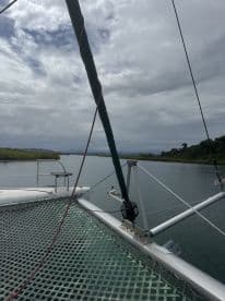 A serene view of a catamaran navigating through calm waters, showcasing the vessel's structure against a backdrop of lush greenery and cloudy skies.