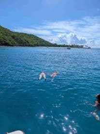 A group enjoys a refreshing swim in the crystal-clear waters near a picturesque beach, perfect for a fun day of relaxation and adventure.