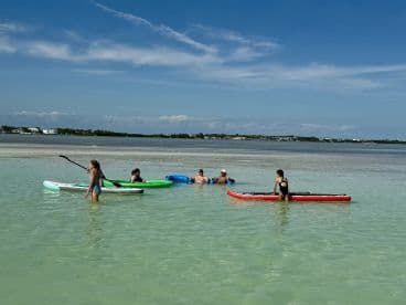 A lively group enjoys paddleboarding and swimming in shallow waters, showcasing a perfect day of fun and adventure at the beach.