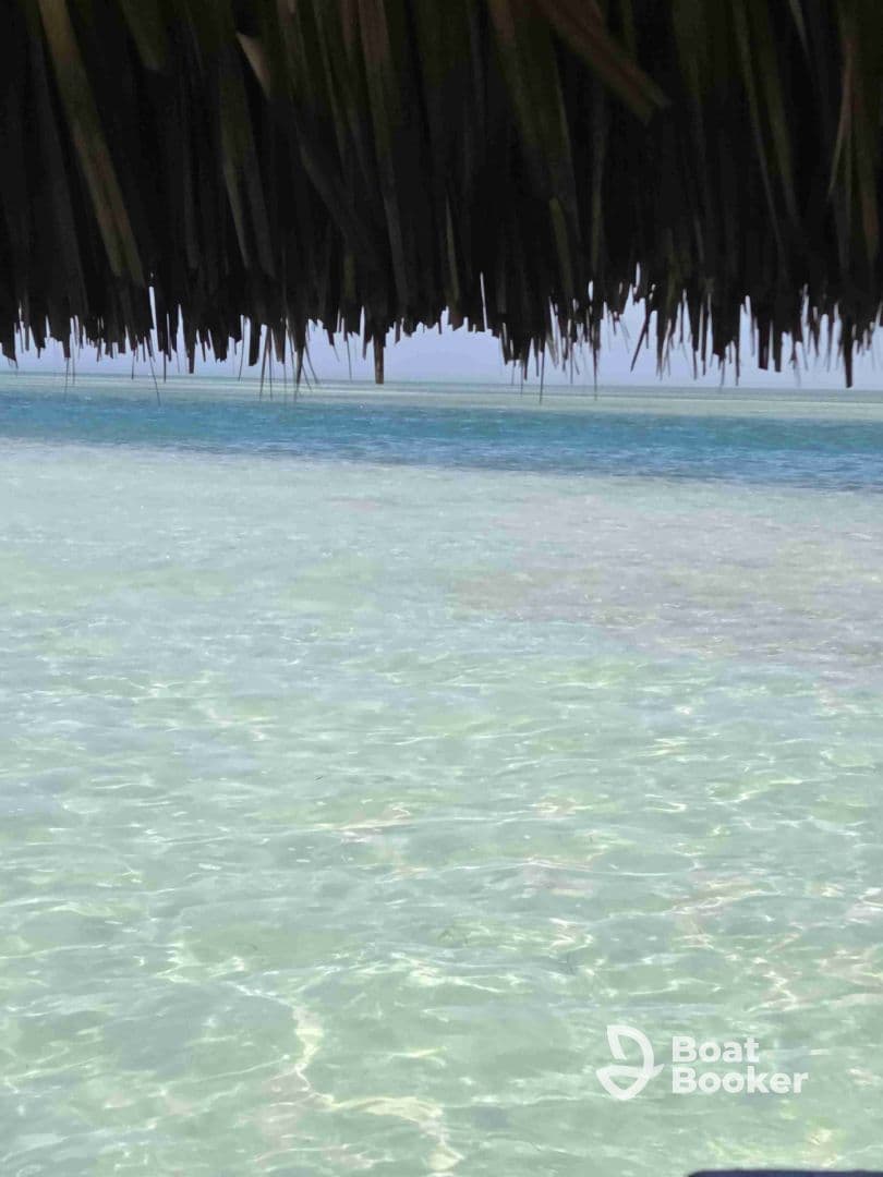 An unclear view of shallow waters under a thatched roof, lacking distinct features or subjects.