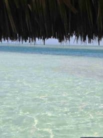 An unclear view of shallow waters under a thatched roof, lacking distinct features or subjects.
