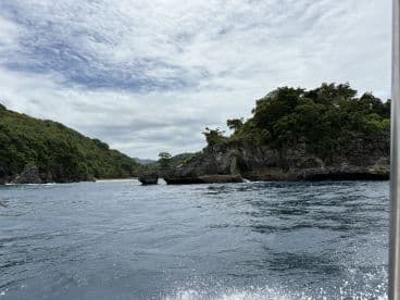 A stunning view of a lush coastline and rocky formations, showcasing the natural beauty of the area — perfect for eco tours and scenic boat rides.