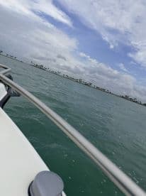 A serene view from the side of a boat, showcasing calm waters and a distant shoreline lined with palm trees, perfect for a relaxing day on the water.