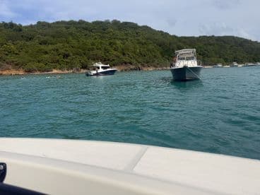 A vibrant scene of snorkelers enjoying the clear waters near a beach, with boats anchored nearby — a perfect day for aquatic adventures.