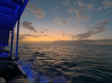 A serene sunset view from the side of a boat, showcasing the tranquil ocean waters and vibrant sky — perfect for evening cruises.