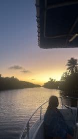 A serene sunset view along a river with a guest enjoying the scenery from the boat — perfect for tranquil evening cruises.