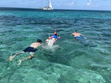 A group enjoys snorkeling in crystal-clear waters, with a sailboat visible in the background — a perfect day for aquatic adventures.