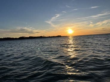 A stunning sunset over the water, reflecting golden hues on the waves — a perfect backdrop for evening boat trips and scenic views.