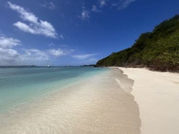 A stunning view of a serene beach with crystal-clear waters and a distant sailboat, perfect for showcasing tropical island getaways and coastal beauty.